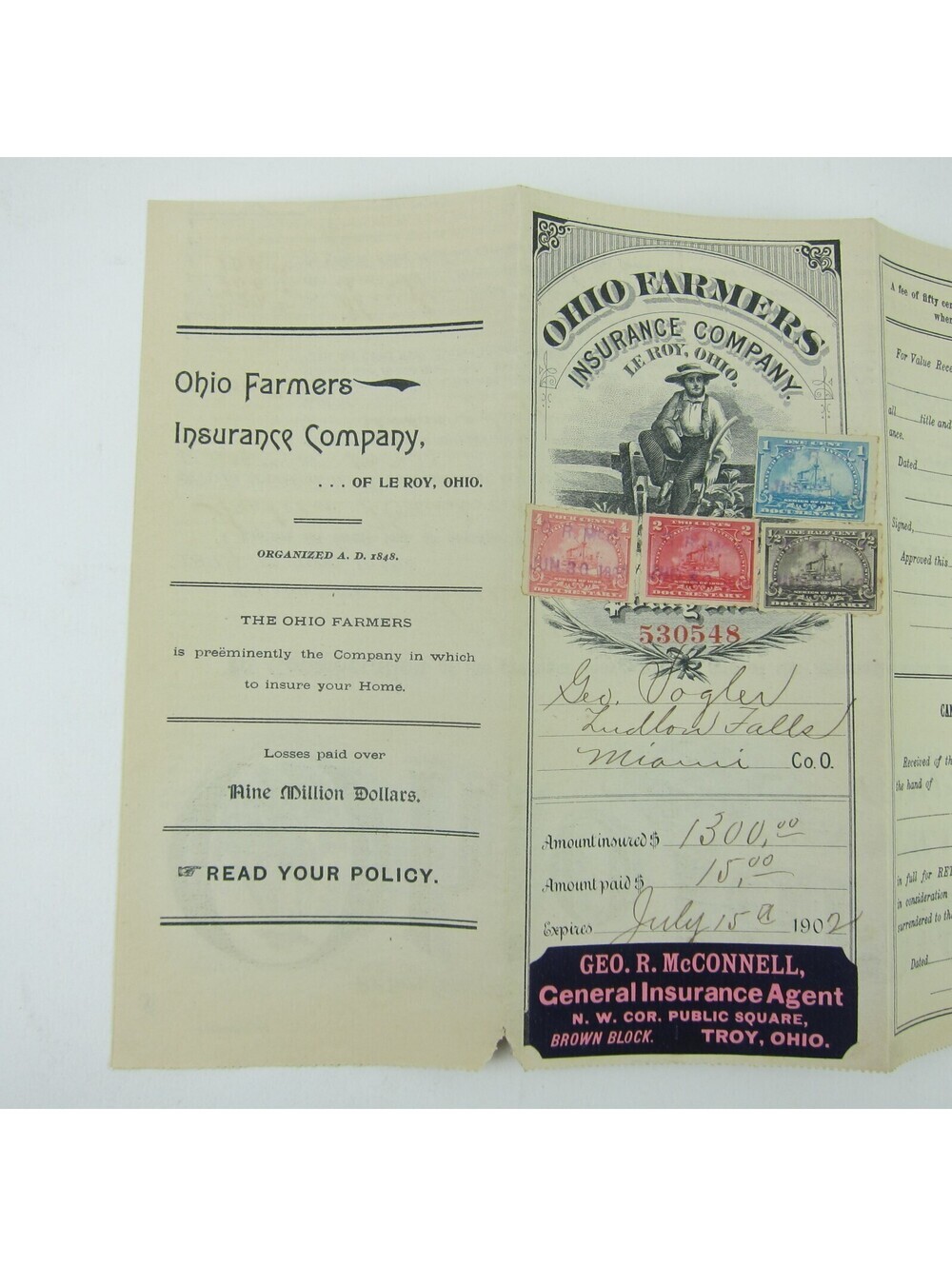 1902 Ohio Farmers Insurance Policy Le Roy Scott R162, R163, R164, R166 Tax Stamp - Picture 5 of 13